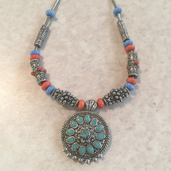 Jewelry - Turquoise Coral Beaded Necklace Tribal Boho Dainty